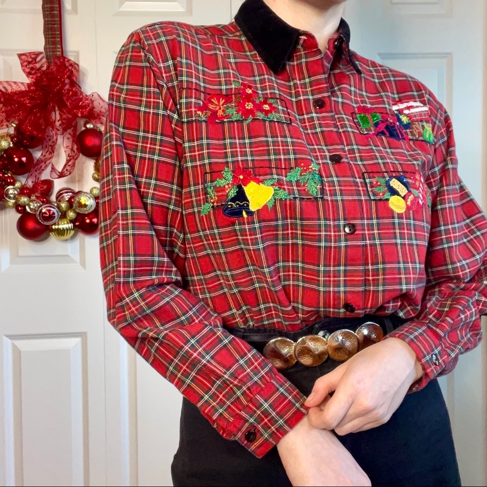 VTG Casey & Max Holiday Christmas Red Plaid Velvet Button Down Women's Sz S